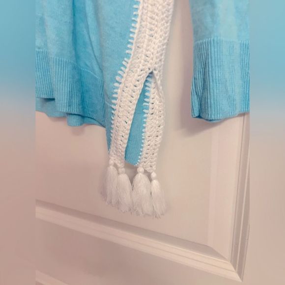NWOT Lilly Pulitzer Damara Coolmax Crochet/Tassel Details Sweater Turquoise Sz M - Picture 13 of 16